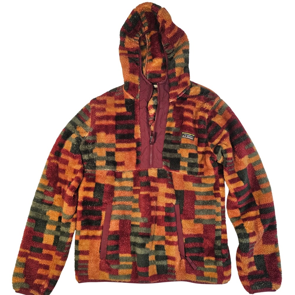 LL Bean Hi-Pile Fleece Pullover Hoodie Multi Color Geometric‎ 511615 Mens Small